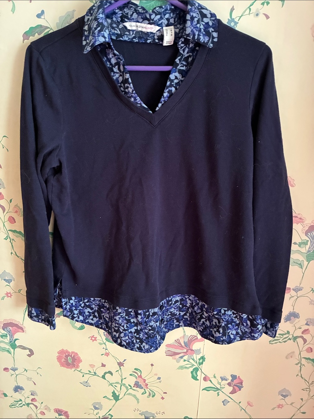 Isaac Mizrahi Navy V-Neck Top with Blue Floral Shirt Detail